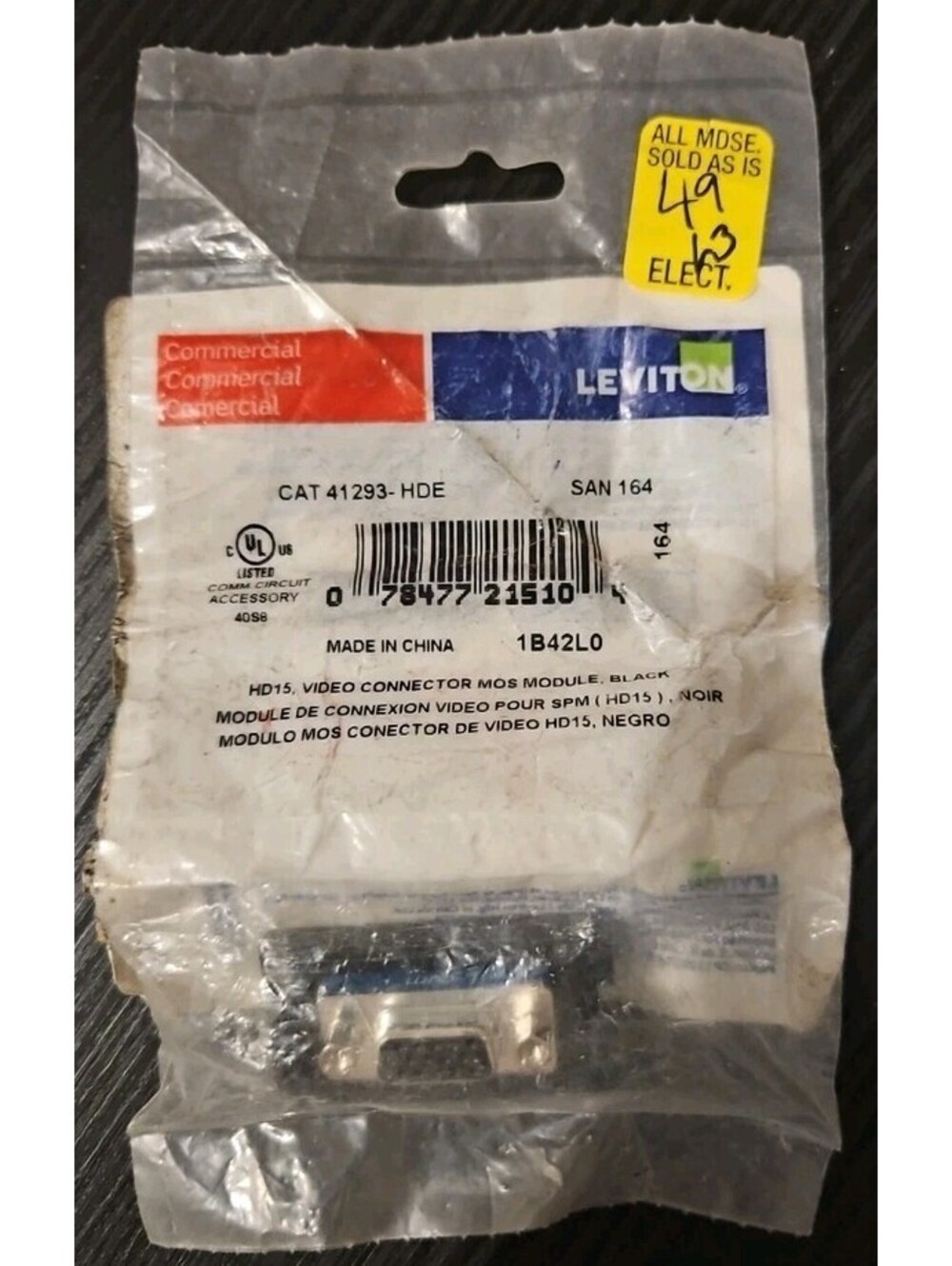 Leviton 41293-HDE 1 Unit High MOS HD15 Video Connector Feedthrough, Black NEW